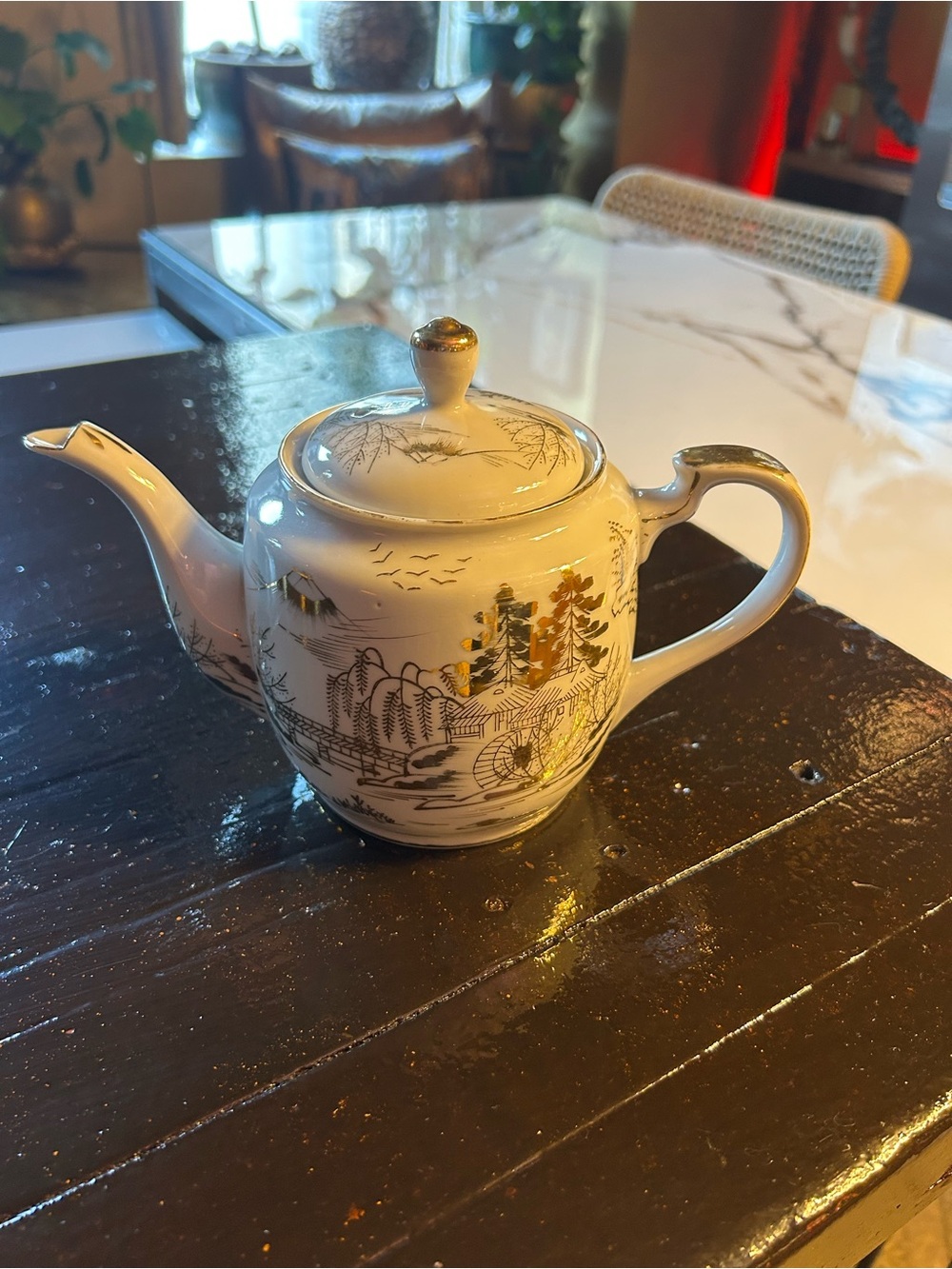White Porcelain Teapot with Gold Scenic Accents